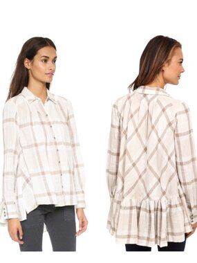 Free People Preppy in Plaid Tan White Button Front Ruffle Hem Top